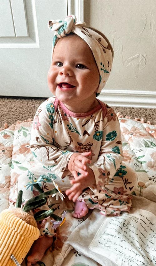 Everly Grey Ruffle Romper & Head Wrap Set In Multi