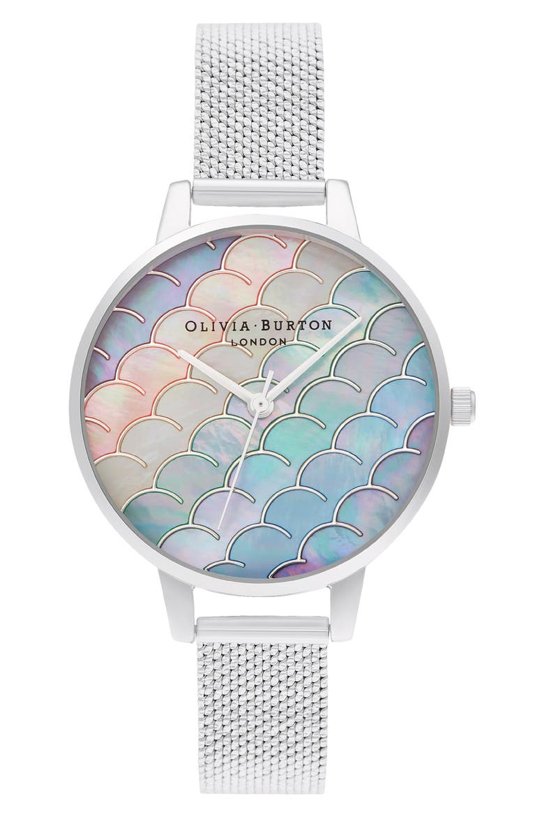 Under the Sea Mermaid Tail Bouclé Mesh Watch, 34mm, Main, color, SILVER/ MULTI/ SILVER