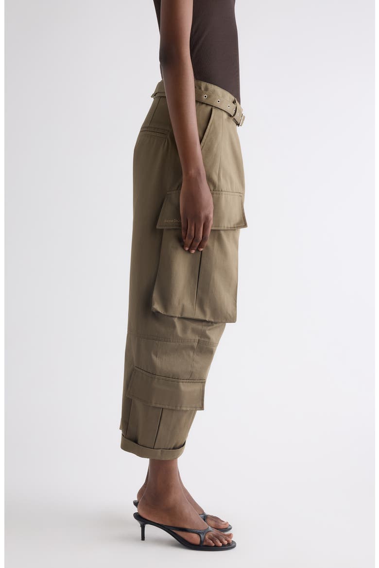 Belted Cotton Twill Barrel Leg Cargo Trousers, Alternate, color, KHAKI GREEN