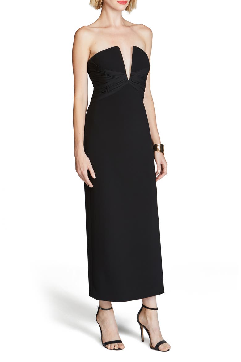 Marguerite Strapless Cotton Blend Crepe Midi Dress, Alternate, color, BLACK