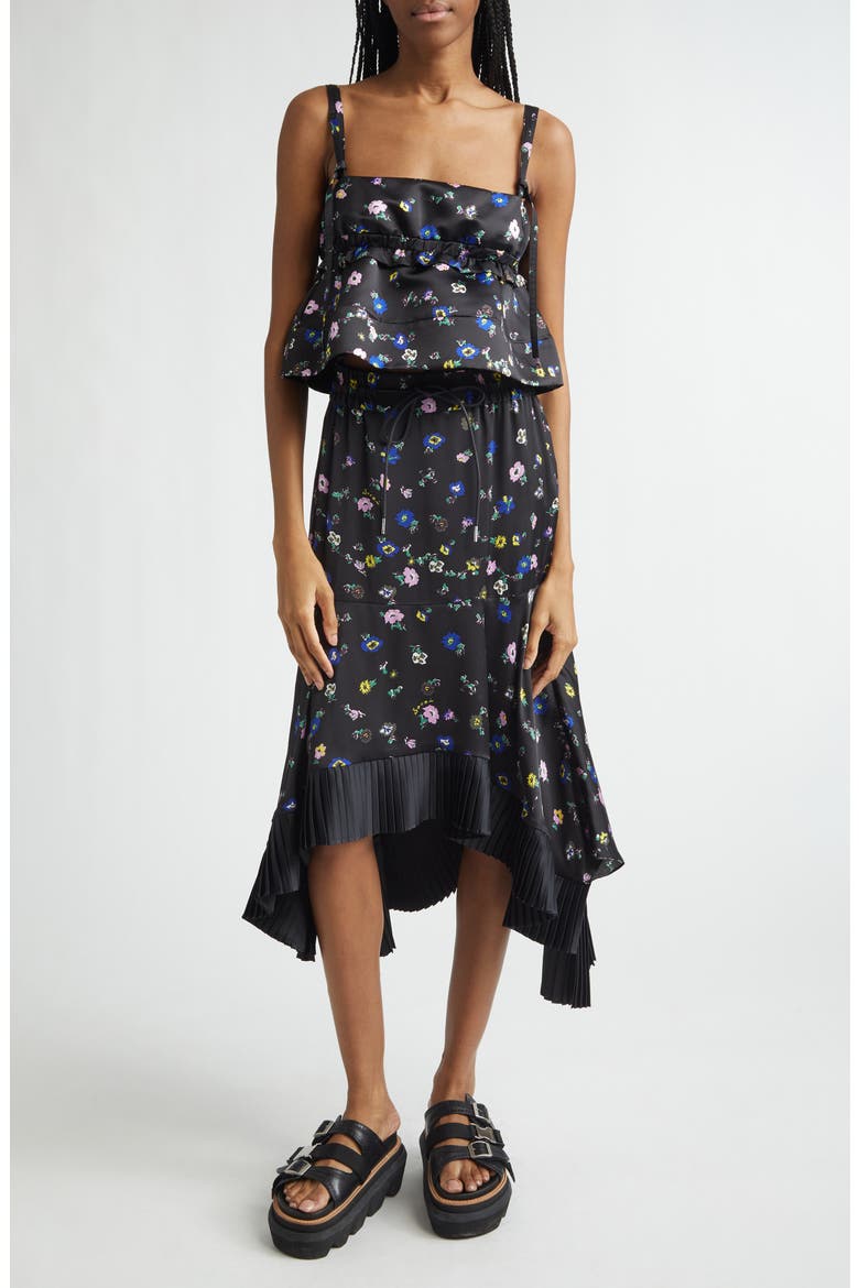 Floral Print Crop Satin Camisole, Alternate, color, BLACK