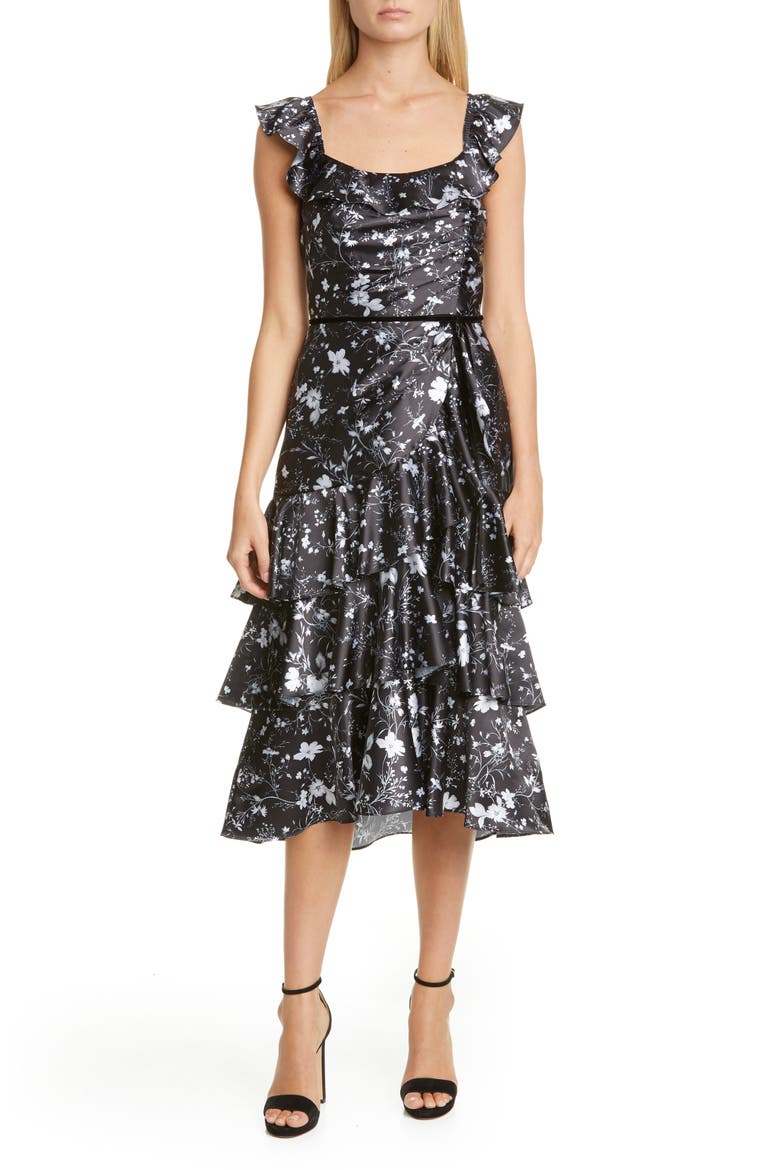 Ruffle Charmeuse Cocktail Dress, Main, color, BLACK