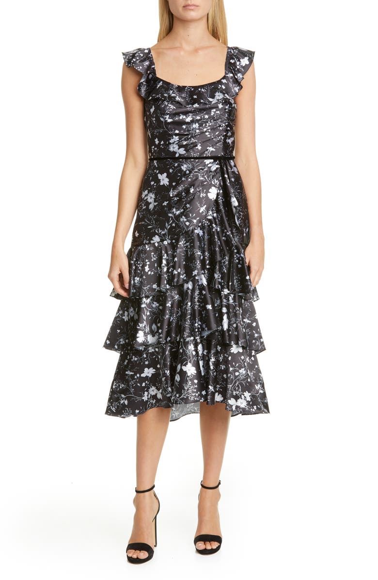 Marchesa Notte Ruffle Charmeuse Cocktail Dress, Main, color, 