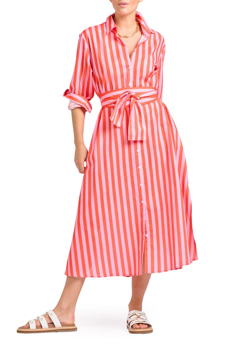 Mixed Stripe Long Sleeve Shirtdress, Main, color, PINK PAPAYA STRIPE