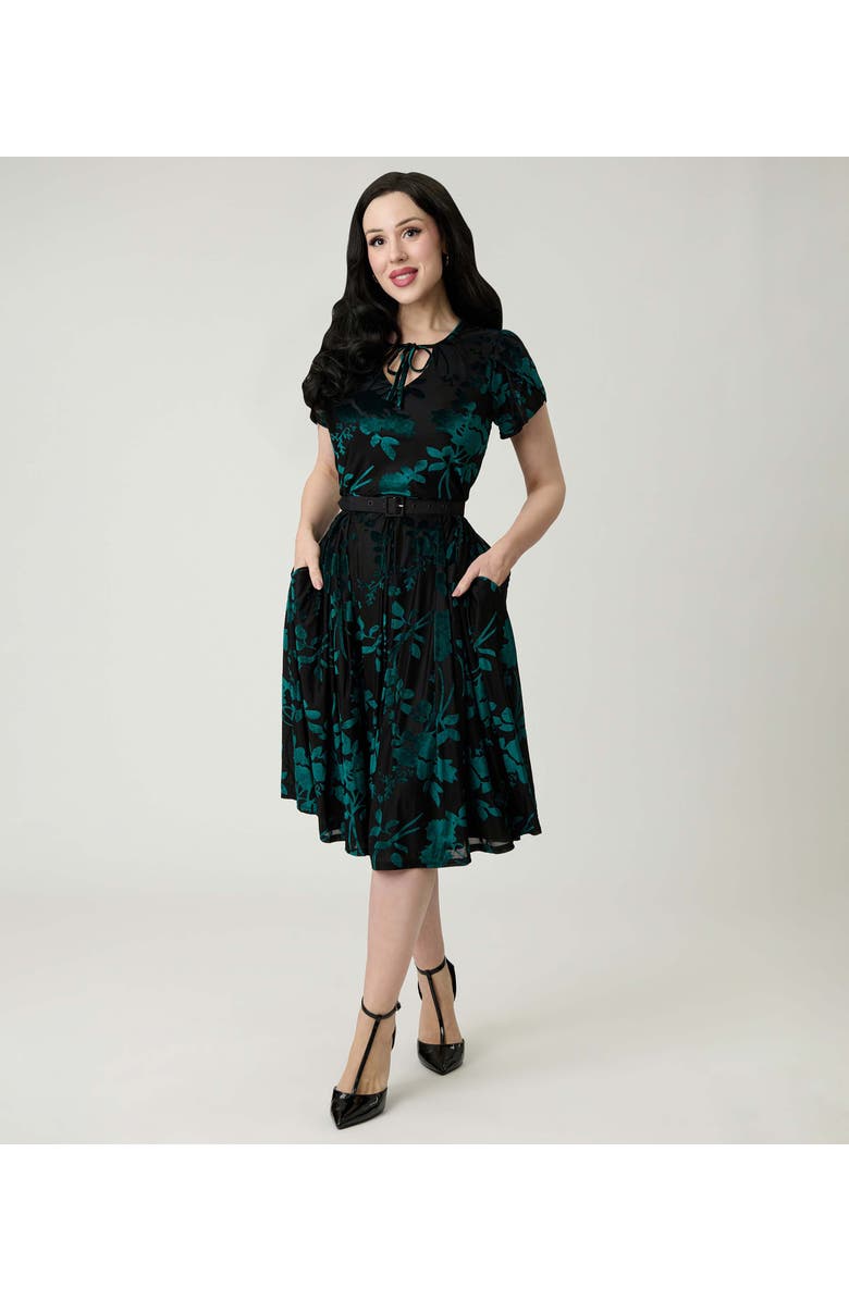 Unique Vintage Short Petal Sleeve Tie Neck Dahlia Swing Dress, Alternate, color, Teal
