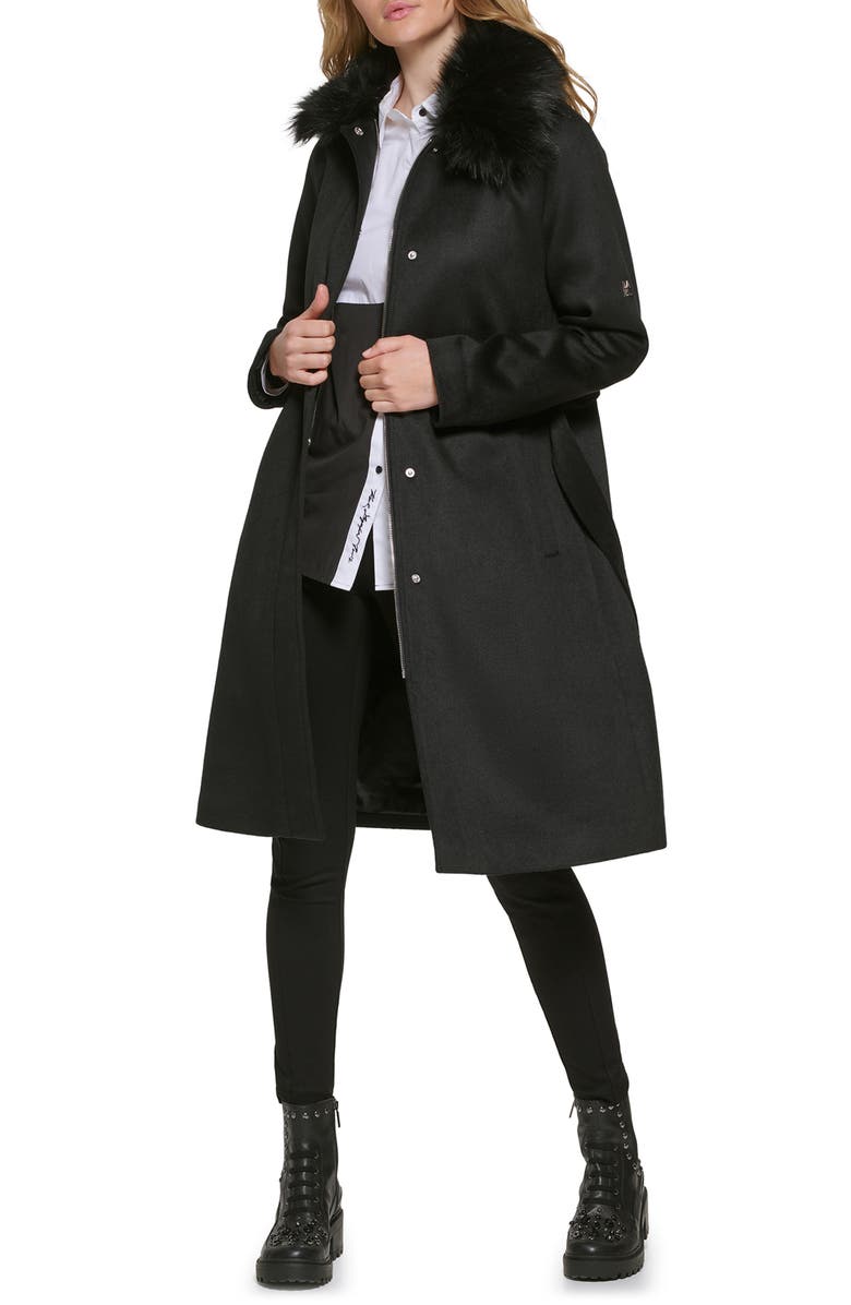 KARL LAGERFELD PARIS Luxe Belted Twill Wool Blend Coat with Removable Faux Fur Collar, Alternate, color, 