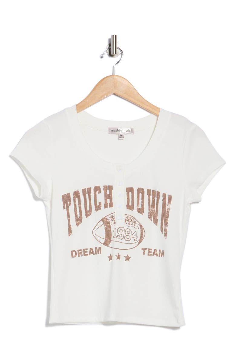 Madden Girl Short Sleeve Graphic Henley Tee, Alternate, color, Winter White Combo