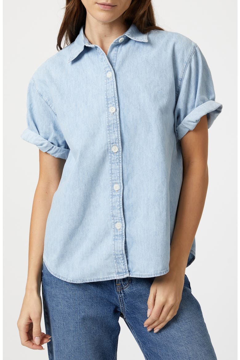 Deva Short Sleeve Denim Button-Up Shirt, Main, color, BLEACH DENIM
