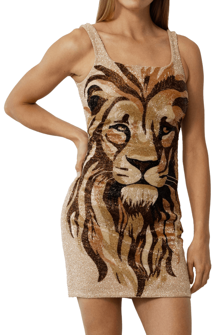 Lion Hand Beaded Embellished Mini Dress, Alternate, color, Champagne