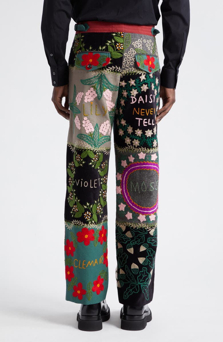 Bode Floral Genus Embroidered Patchwork Wool & Cotton Straight Leg Pants, Alternate, color, 