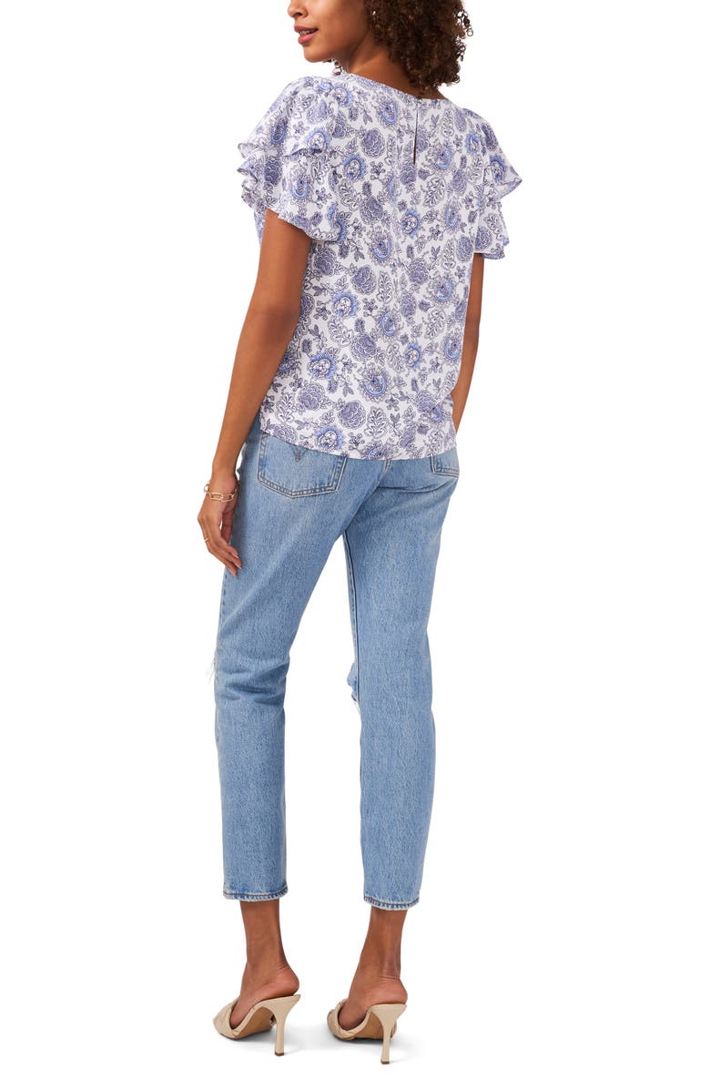 Vince Camuto Floral Print Flounce Sleeve Blouse, Alternate, color, Ultra White