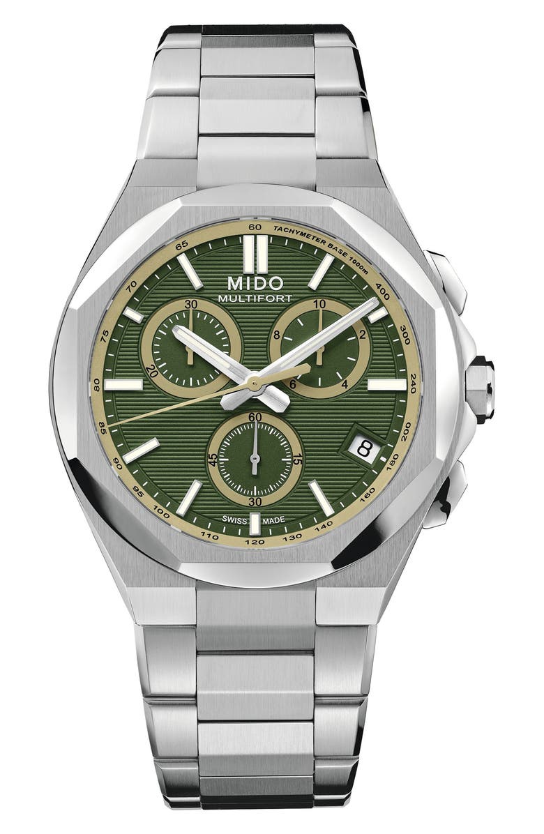 MIDO Multifort 8 Khaki One Crown Chronograph Automatic Bracelet Watch, 40mm, Main, color, Green