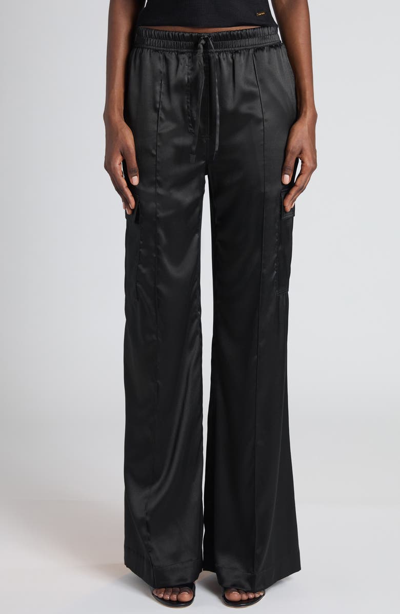TOM FORD Stretch Silk Satin Flare Leg Cargo Pajama Pants, Alternate, color, Black