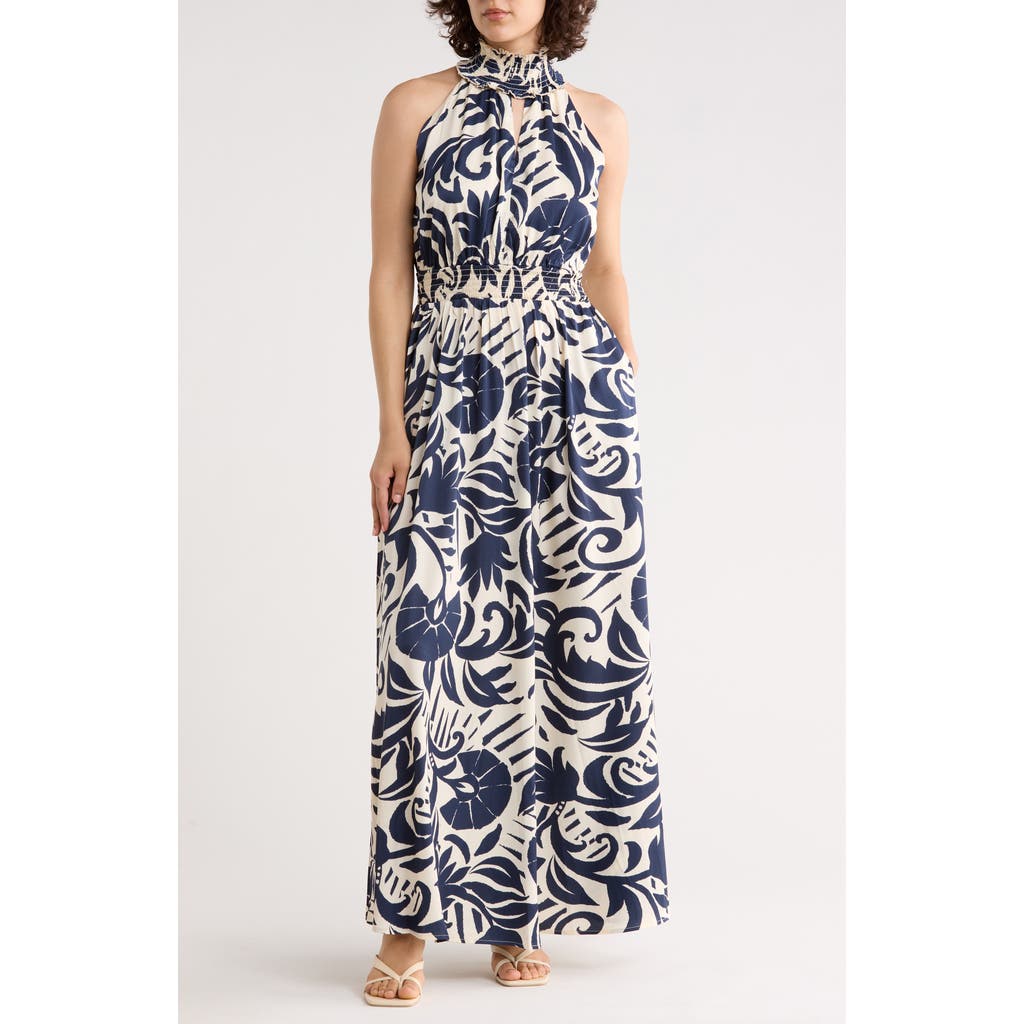 MELLODAY Abstract Maxi Halter Dress in Navy Ivory at Nordstrom Rack, Size Large