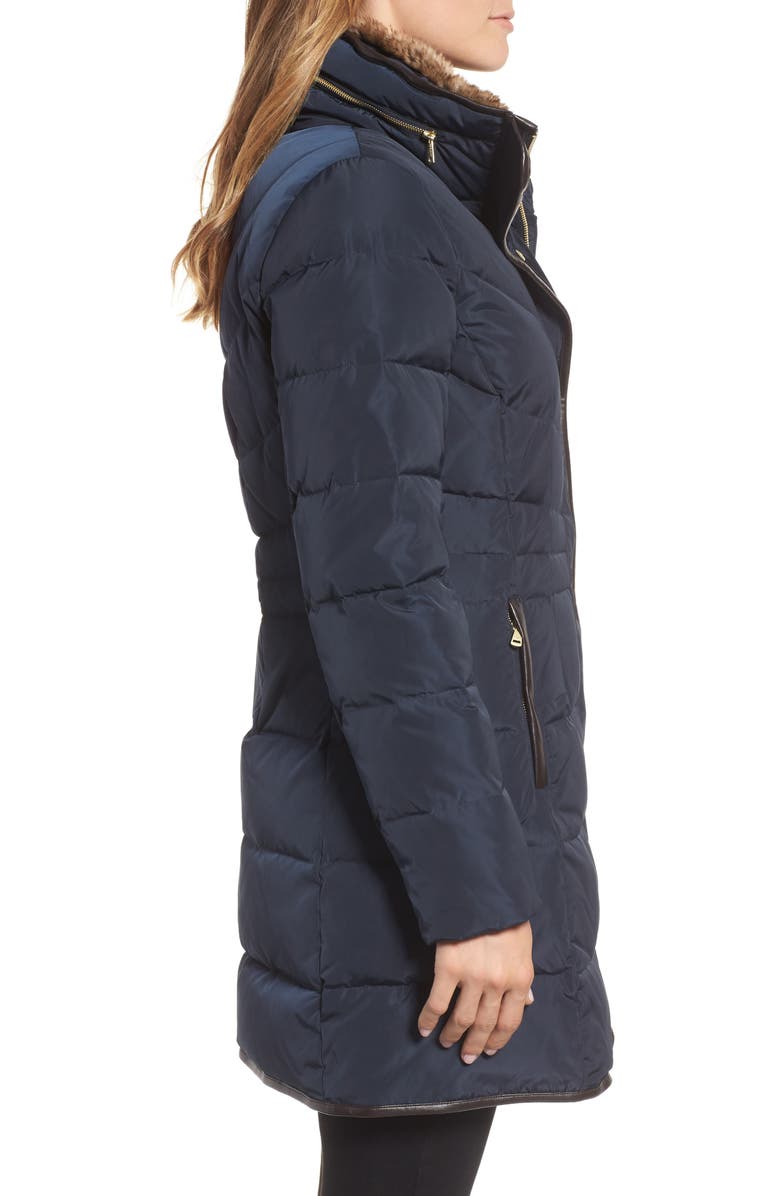 Cole Haan Quilted Down & Feather Fill Jacket with Faux Fur Trim, Alternate, color, Navy