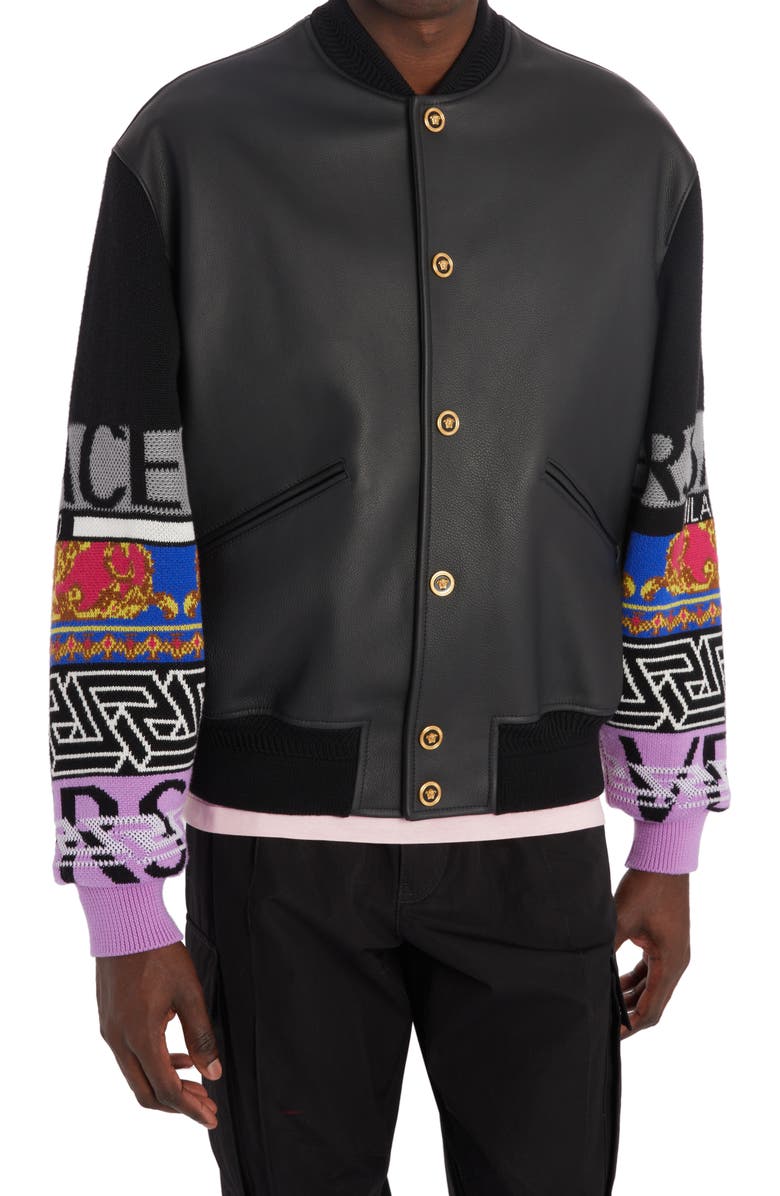 Versace Renaissance La Greca Mixed Media Bomber Jacket, Alternate, color,