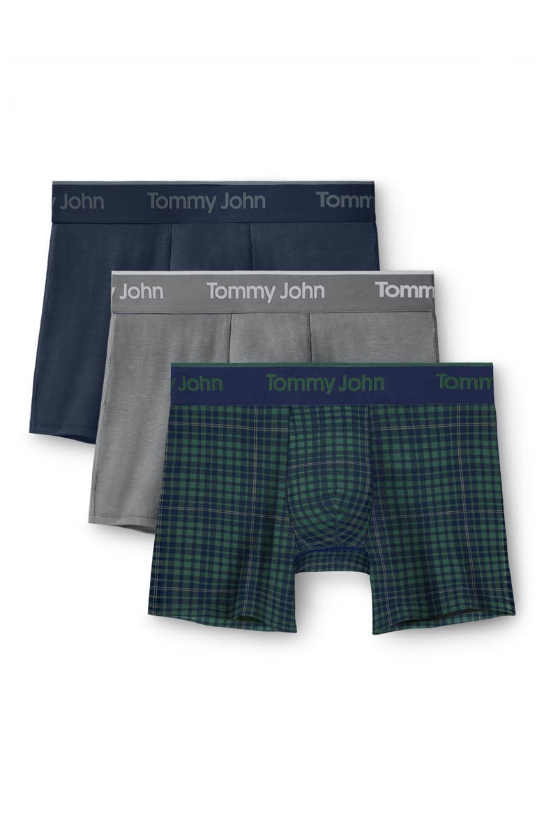 Assorted 3-Pack Second Skin 4-Inch Stretch Modal Boxer Briefs, Main, color, DRESS BLUES/ MONUMENT/ GREENER PASTURES FLANNELS