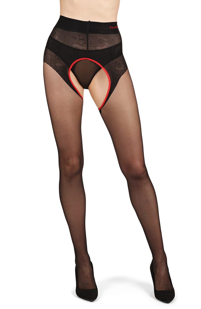 MeMoi Tease Me Lace Crotchless Tights, Alternate, color, Black-Red