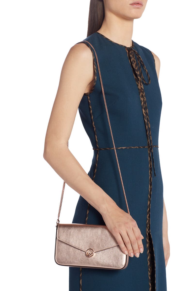 Fendi Metallic Leather Wallet on a Chain, Alternate, color, 