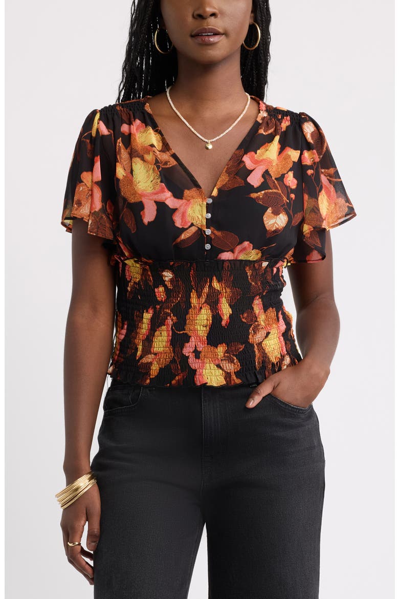 Floral Chiffon Ruffle Top, Main, color, BLACK- PINK BOLD PETALS
