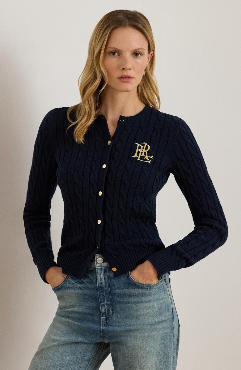 Lauren Ralph Lauren Crest Embroidered Cable Cotton Cardigan, Alternate, color, 