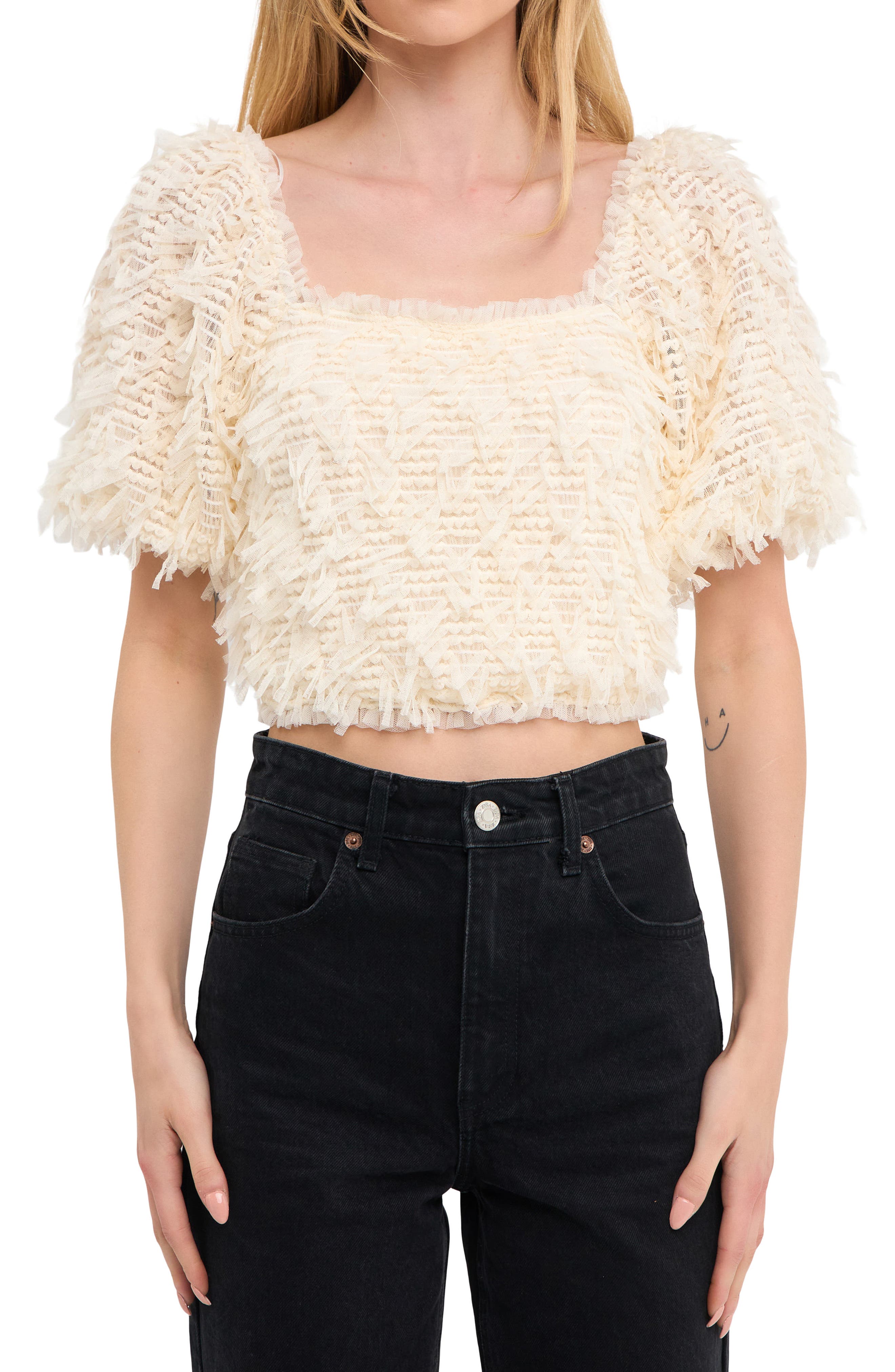 Puff Sleeve Mesh Crop Top