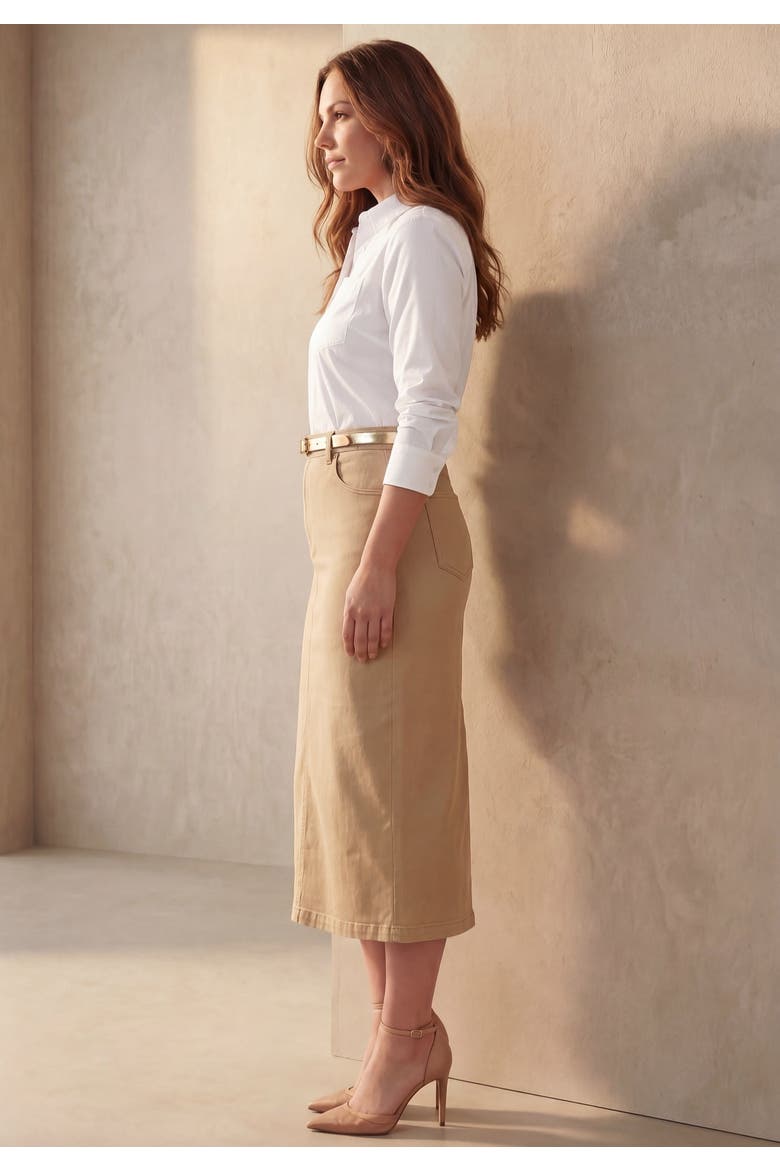 Classic Cotton Denim Midi Skirt, Alternate, color, NEW KHAKI