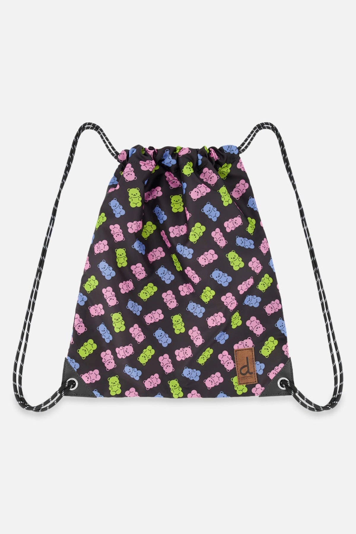 Deux par Deux Gummy Bears Lightweight Durable Drawstring Bag, Main, color, Black Printed Gummy Bears