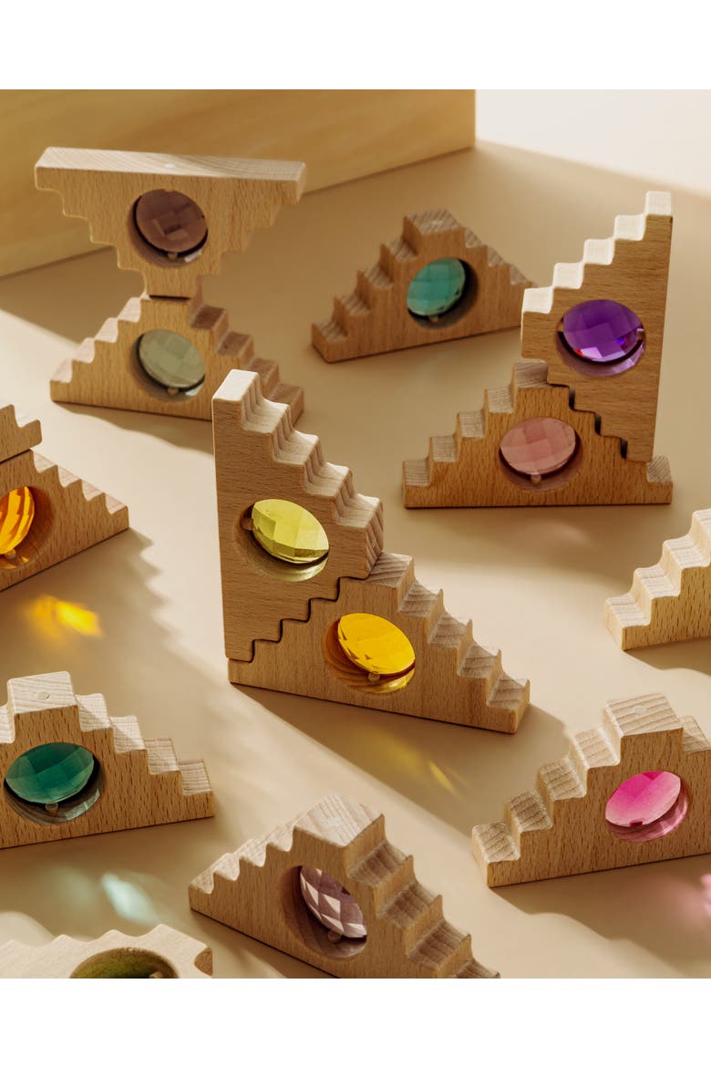 Kaia Pyramid Wooden Building Blocks with Acrylic Gem Windows - 16 Pieces, Alternate, color, Multicolor
