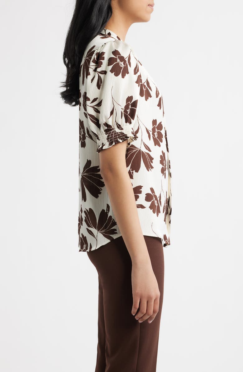 Anne Klein Shirred Short Sleeve Button-Up Shirt, Alternate, color, White/ Dark Chocolate