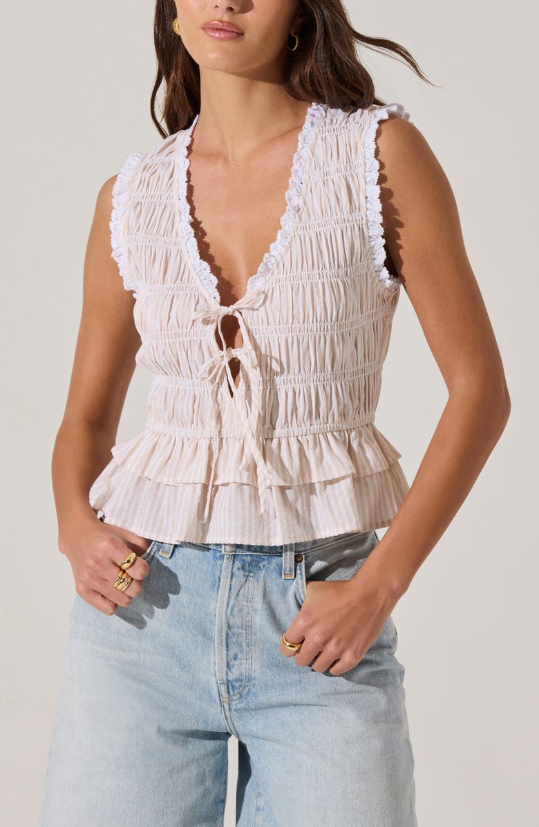 ASTR the Label Tie Front Tiered Hem Top, Alternate, color, White Beige Stripe