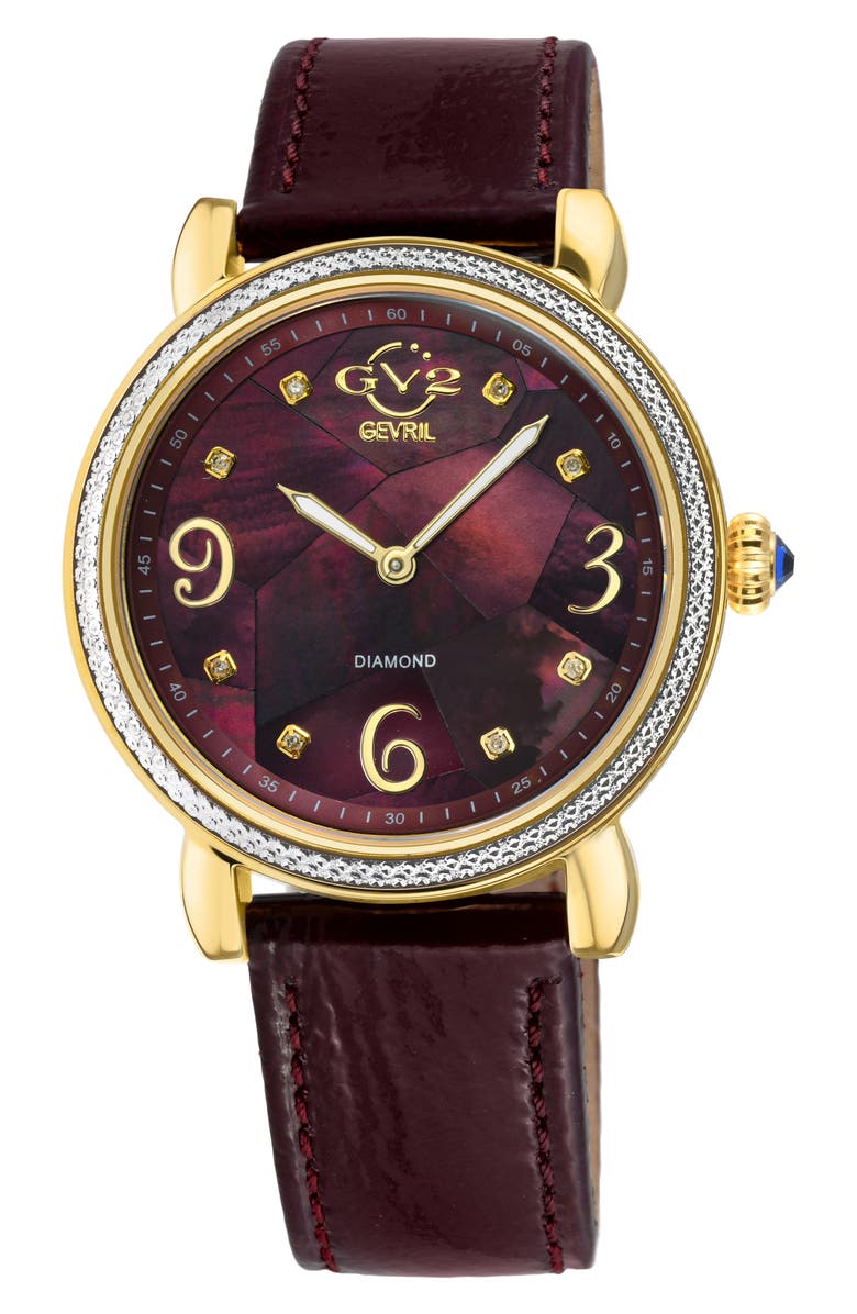 GV2 Ravenna Swiss Quartz Diamond Accent Leather Strap Watch, 37mm, Main, color, Maroon