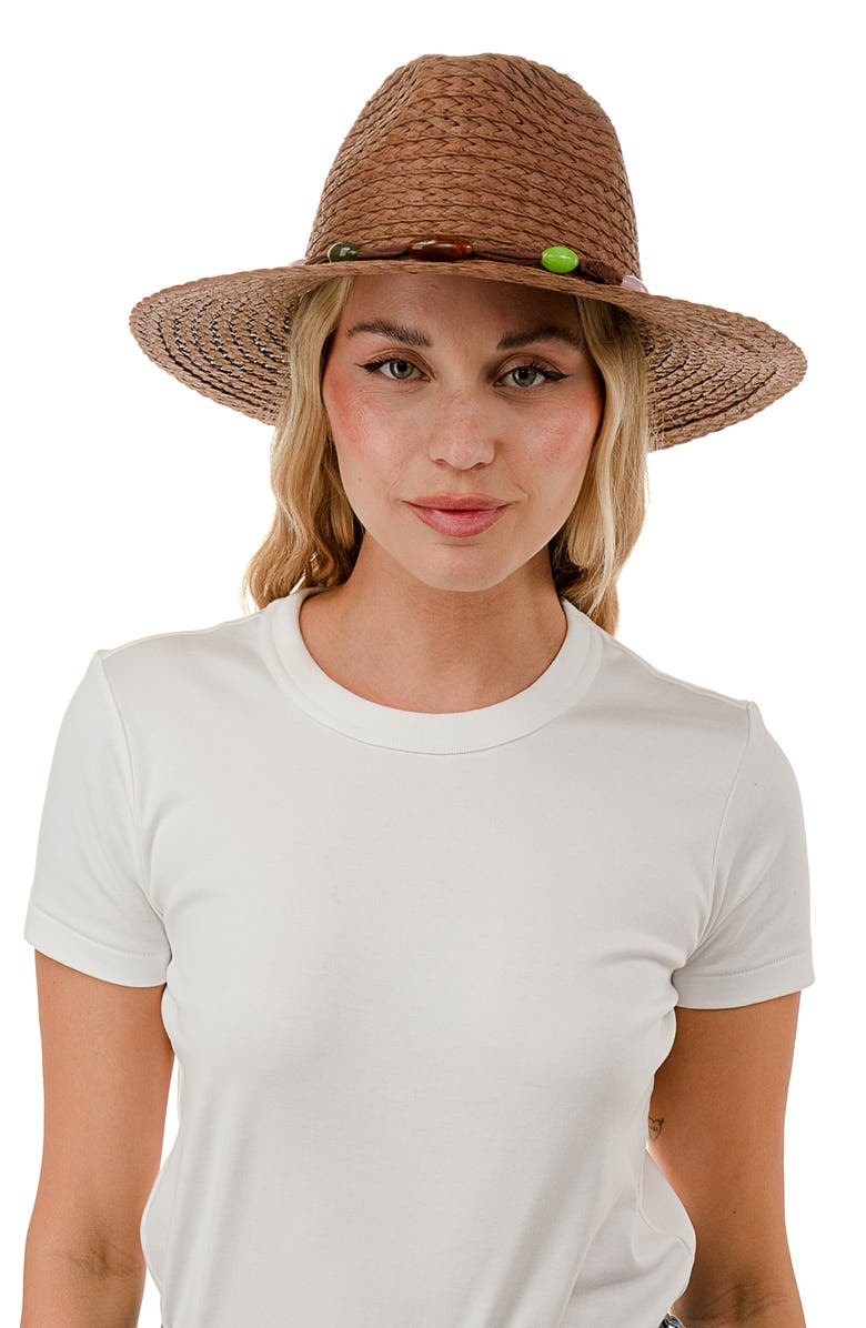 Nicole Miller Beaded Trim Panama Hat, Alternate, color, Brown