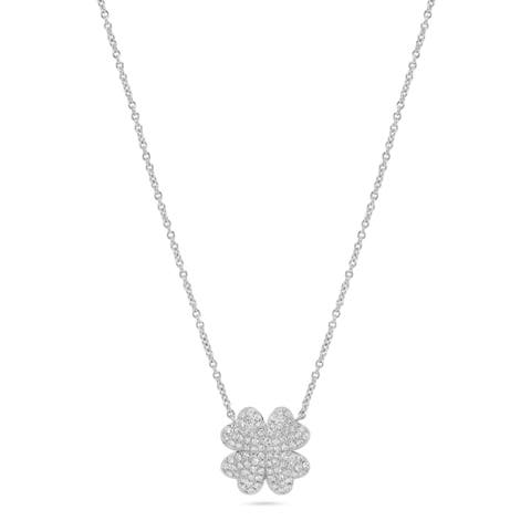 Four Leaf Heart Clover Diamond Pendant Necklace in 14K White Gold