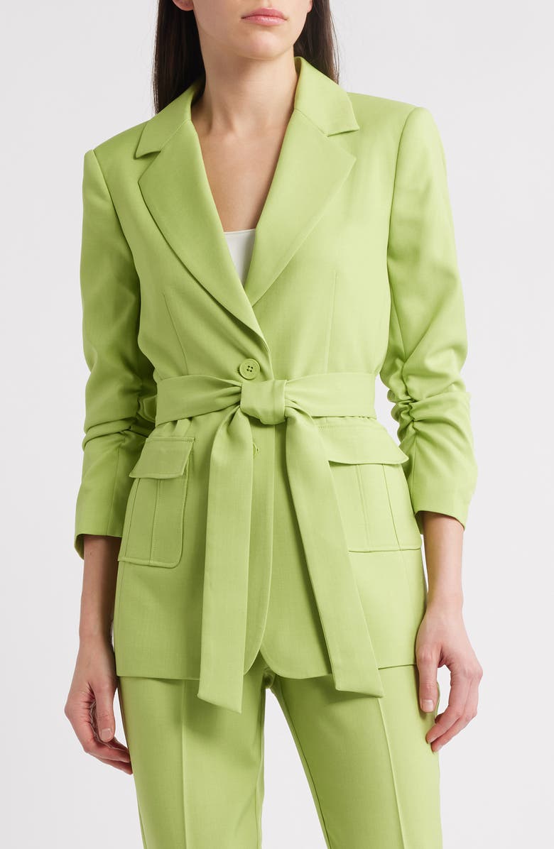 Tahari ASL Ruched Sleeve Belted Jacket, Main, color, Fern