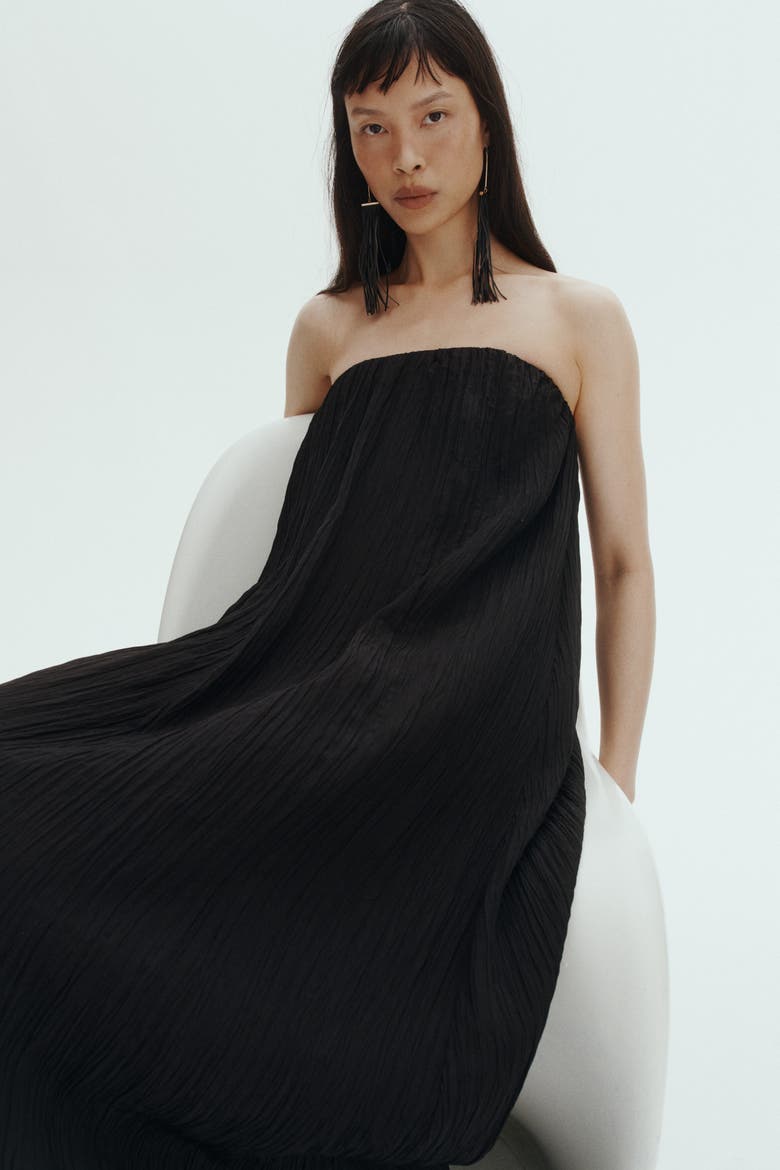 Crinkled Bandeau Dress, Alternate, color, Black