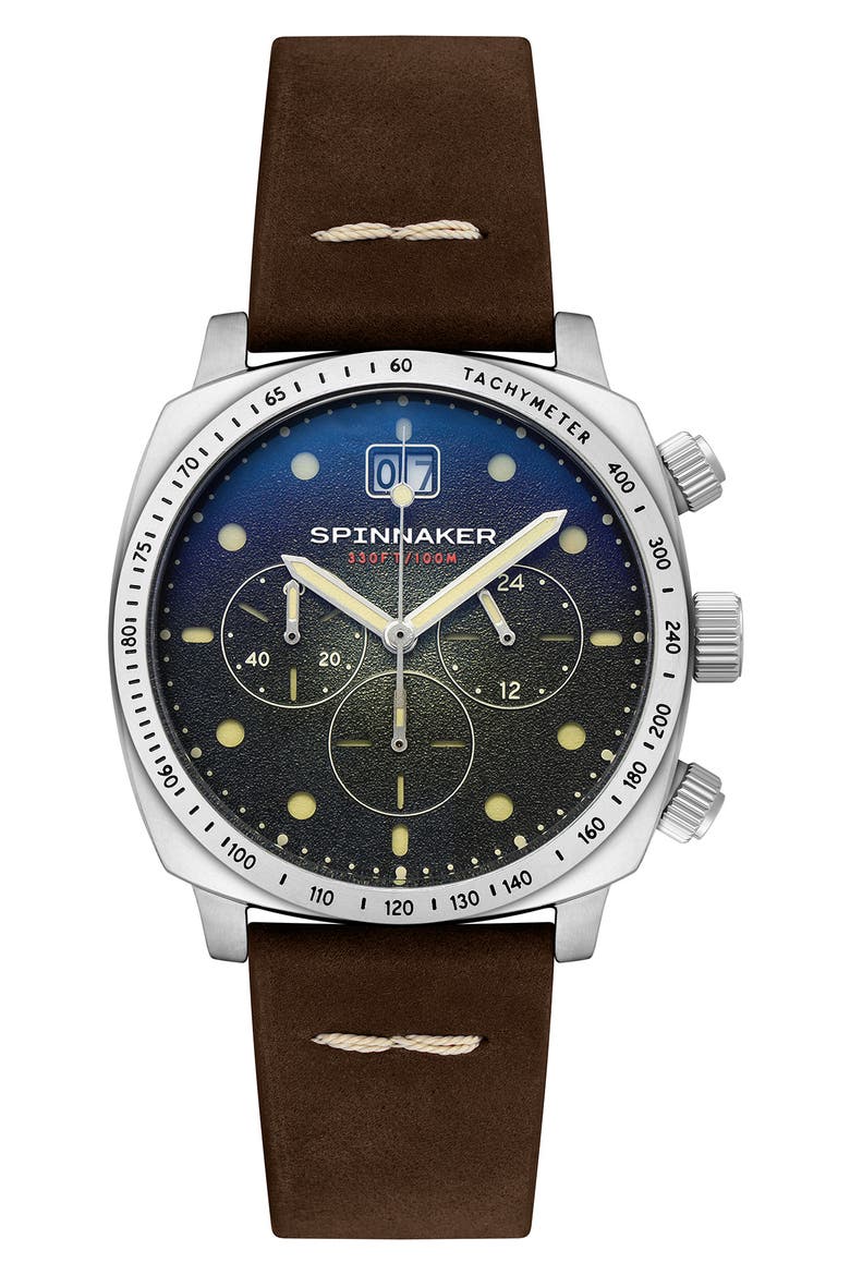 Hull Chronograph Leather Strap Watch, 42mm, Main, color, GREEN