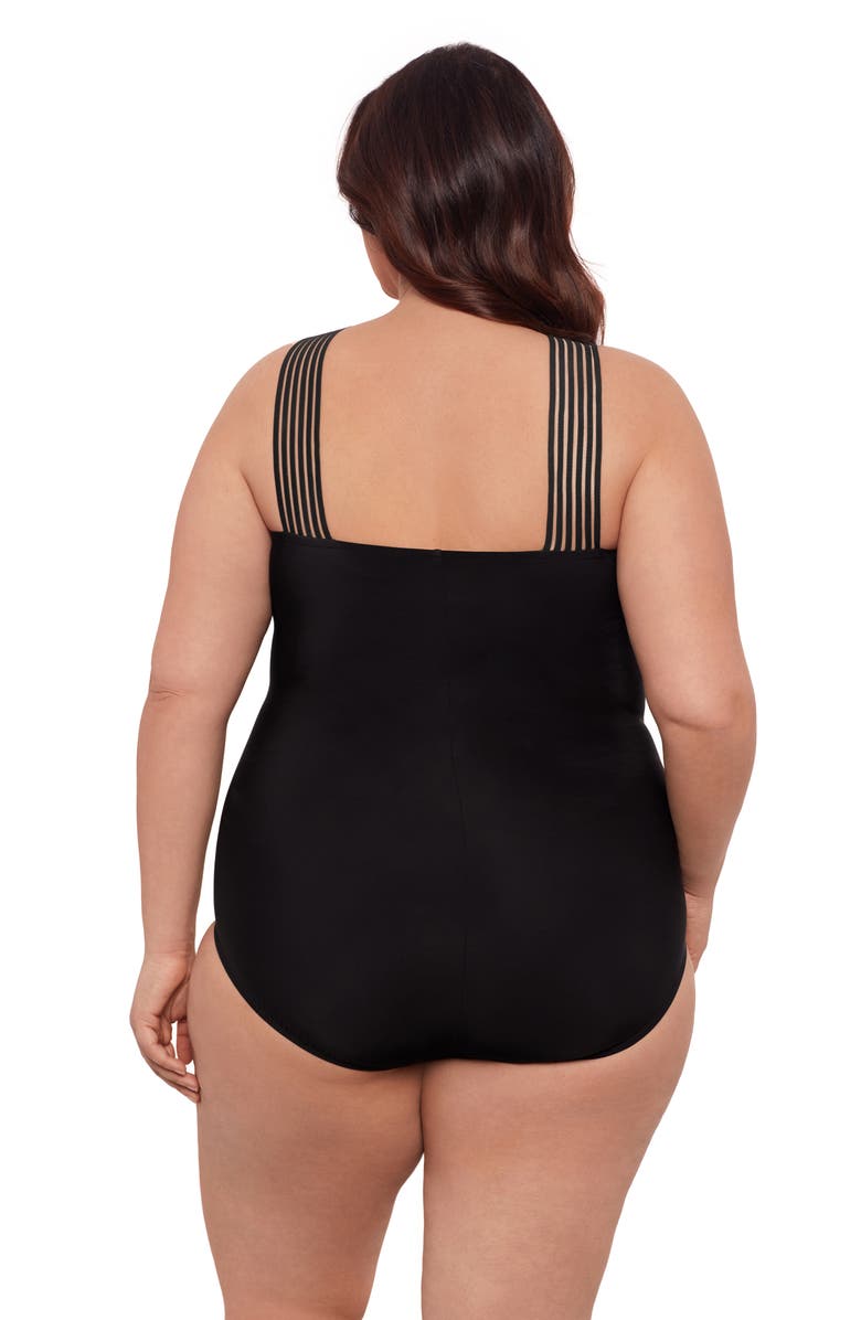 Aqua Green Plus Size Novelty Trim High Criss Cross Neck Full Coverage One-Piece Swimsuit, Alternate, color, Black
