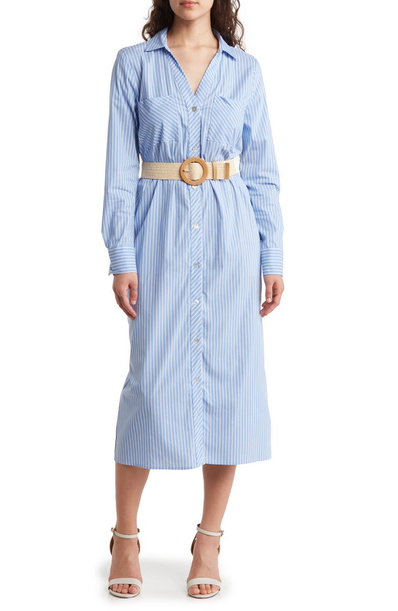 Ellen Tracy Stripe Long Sleeve Belted Shirtdress, Main, color,