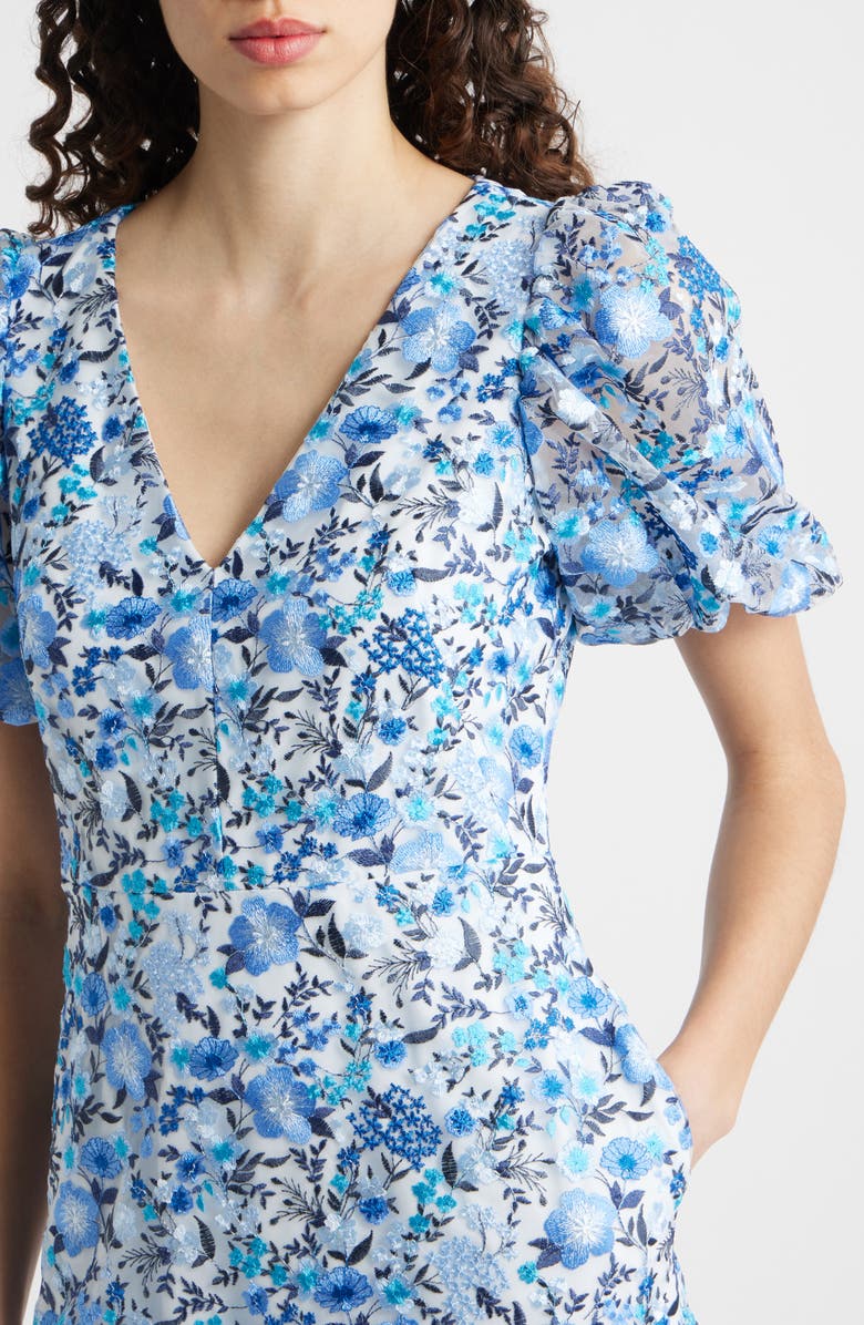 Eliza J Embroidered Puff Sleeve Cocktail Dress, Alternate, color, Blue