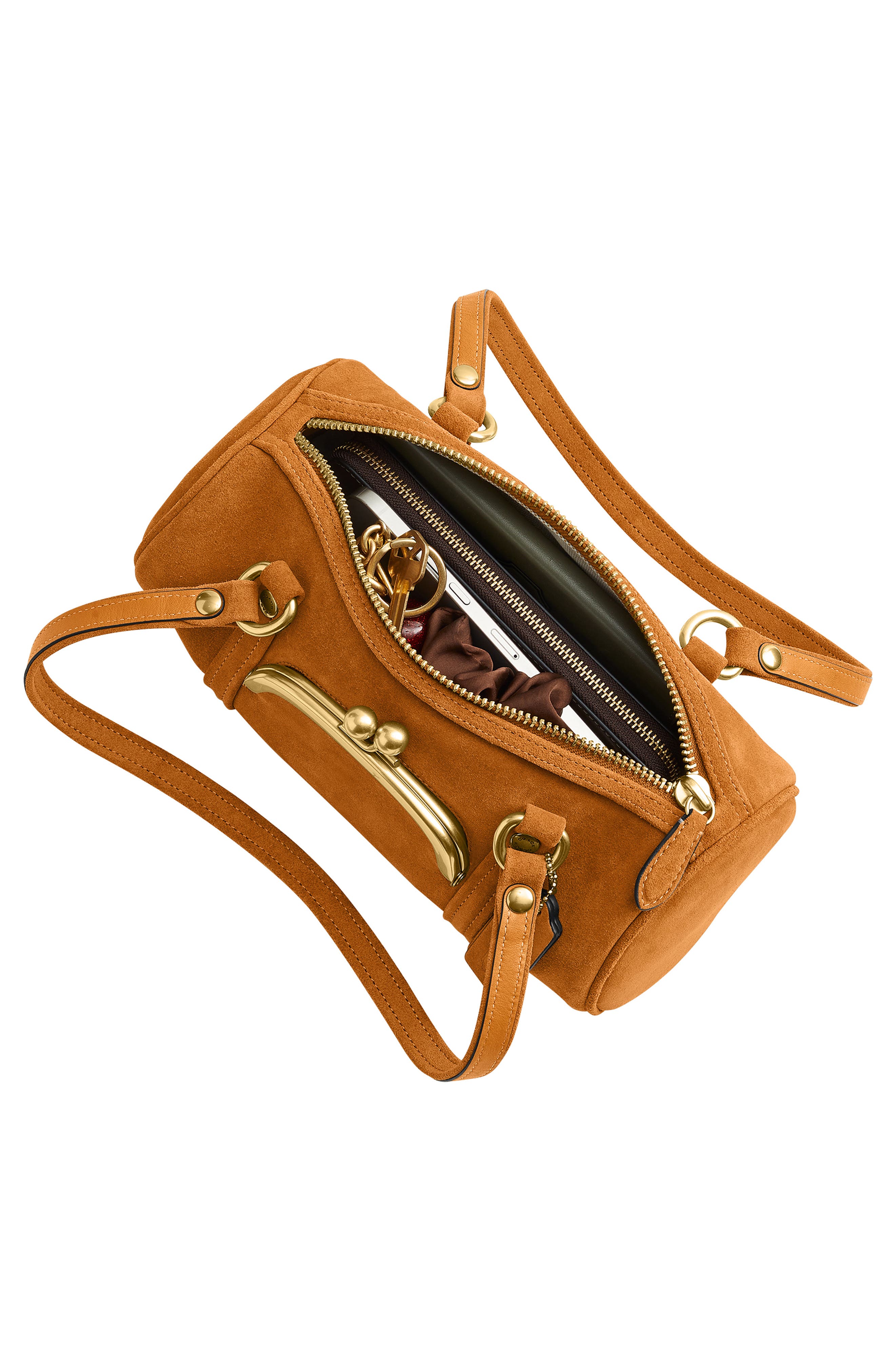 Kisslock 28 Suede Barrel Bag, Alternate, color, B4/ MARIGOLD
