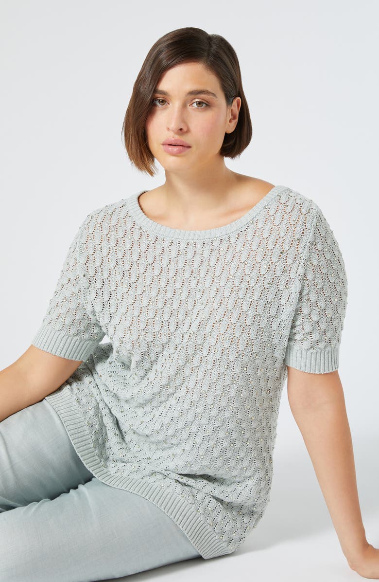 Marina Rinaldi Nerone Crystal Embellished Short Sleeve Sweater, Alternate, color, Sage Green