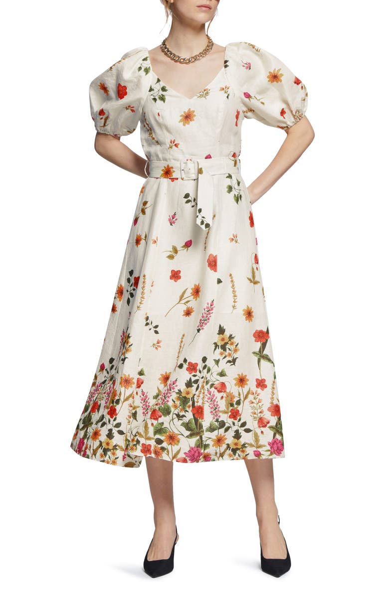 & Other Stories Floral Puff Sleeve Linen Dress, Main, color, Red