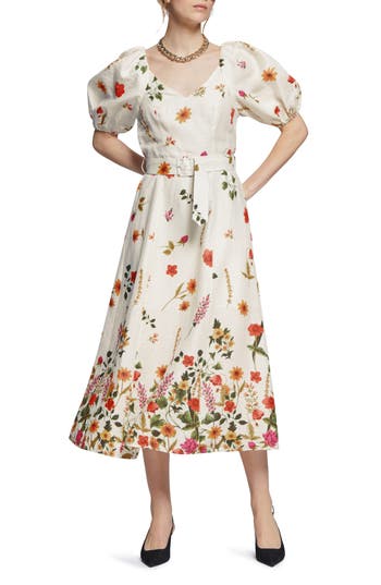 & Other Stories Floral Puff Sleeve Linen Dress In Multi