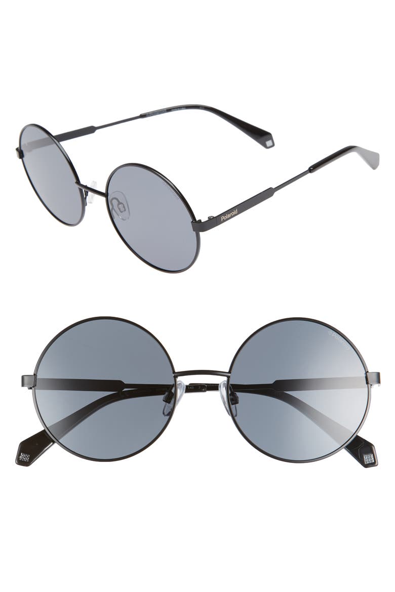 55mm Polarized Round Sunglasses, Main, color, BLACK