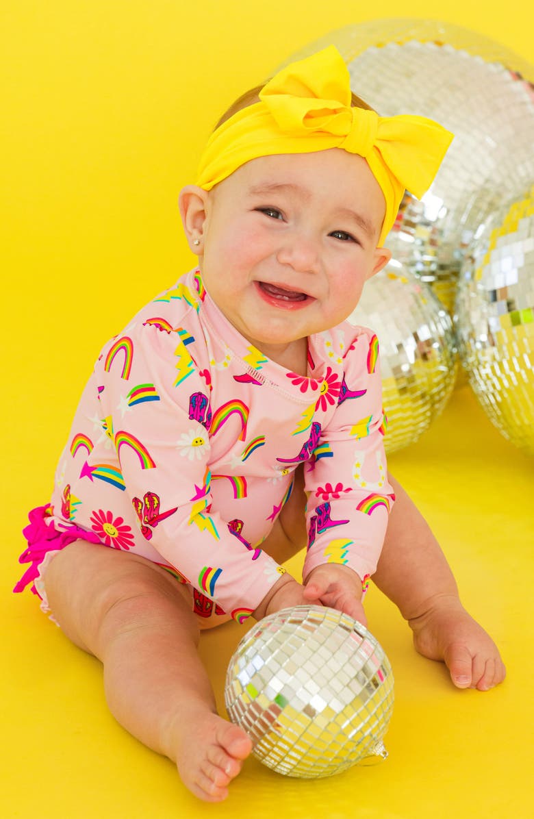 RuffleButts Cowgirl Cutie One-Piece Rashguard Swimsuit, Alternate, color, Pink