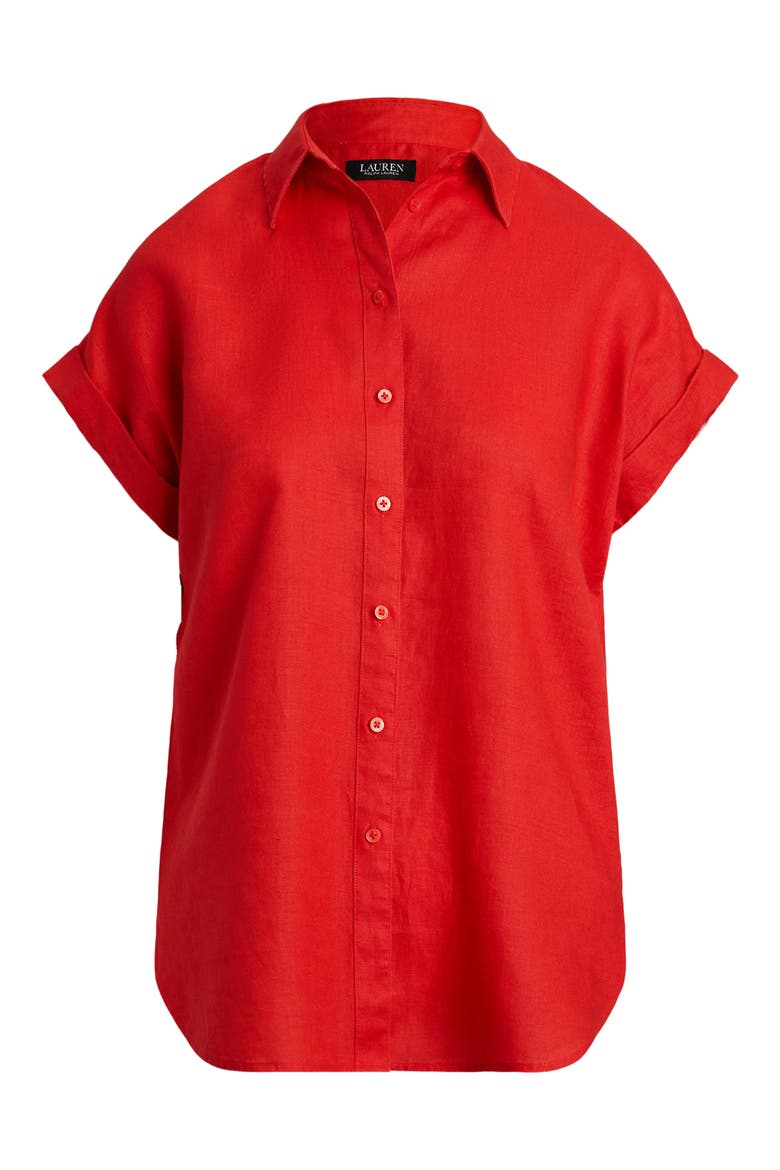Short Sleeve Linen Button-Up Shirt, Alternate, color, BRIGHT VERMILION