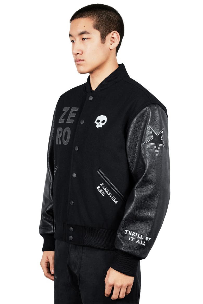X Zero Skateboards Pleasures Varsity Jacket, Alternate, color, BLACK