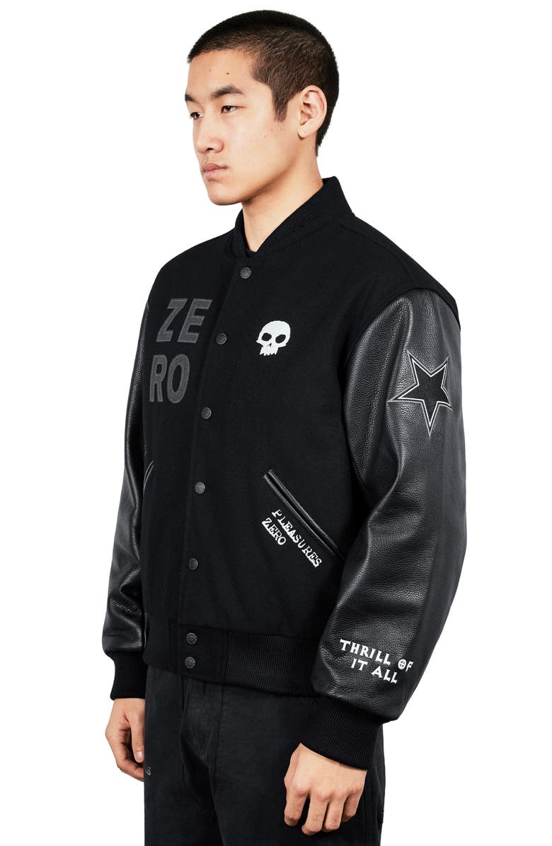 PLEASURES Zero Pleasures Varsity Jacket, Alternate, color, Black
