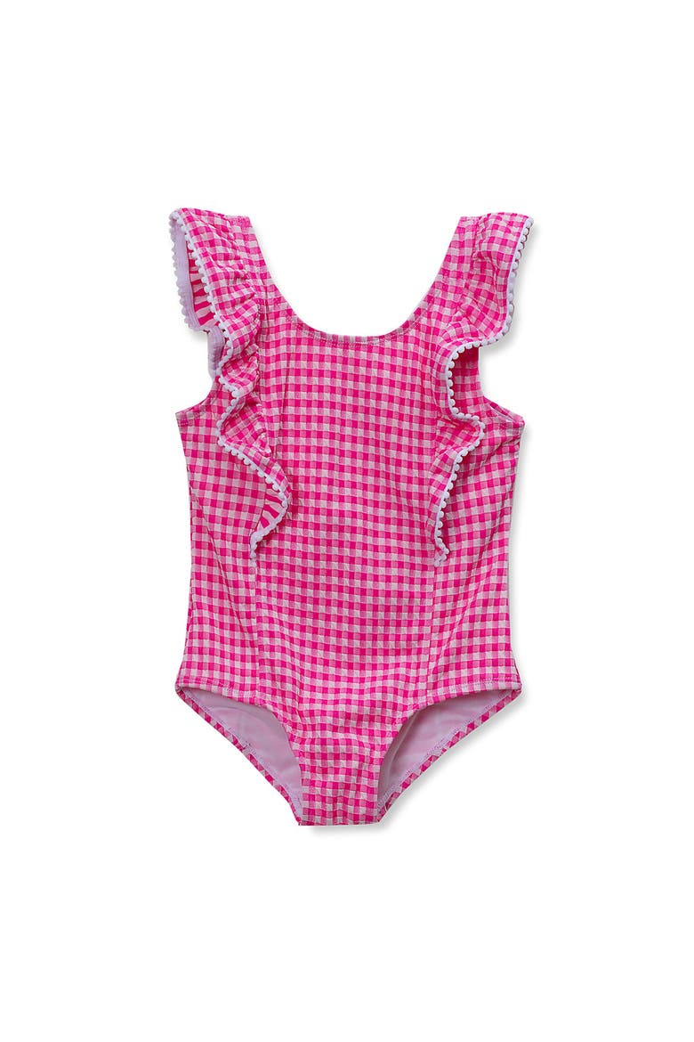 Girls Chlorine Resistant Scoop Neck Ruffle One Piece Swimsuit, Main, color, Pink/Textured Gingham